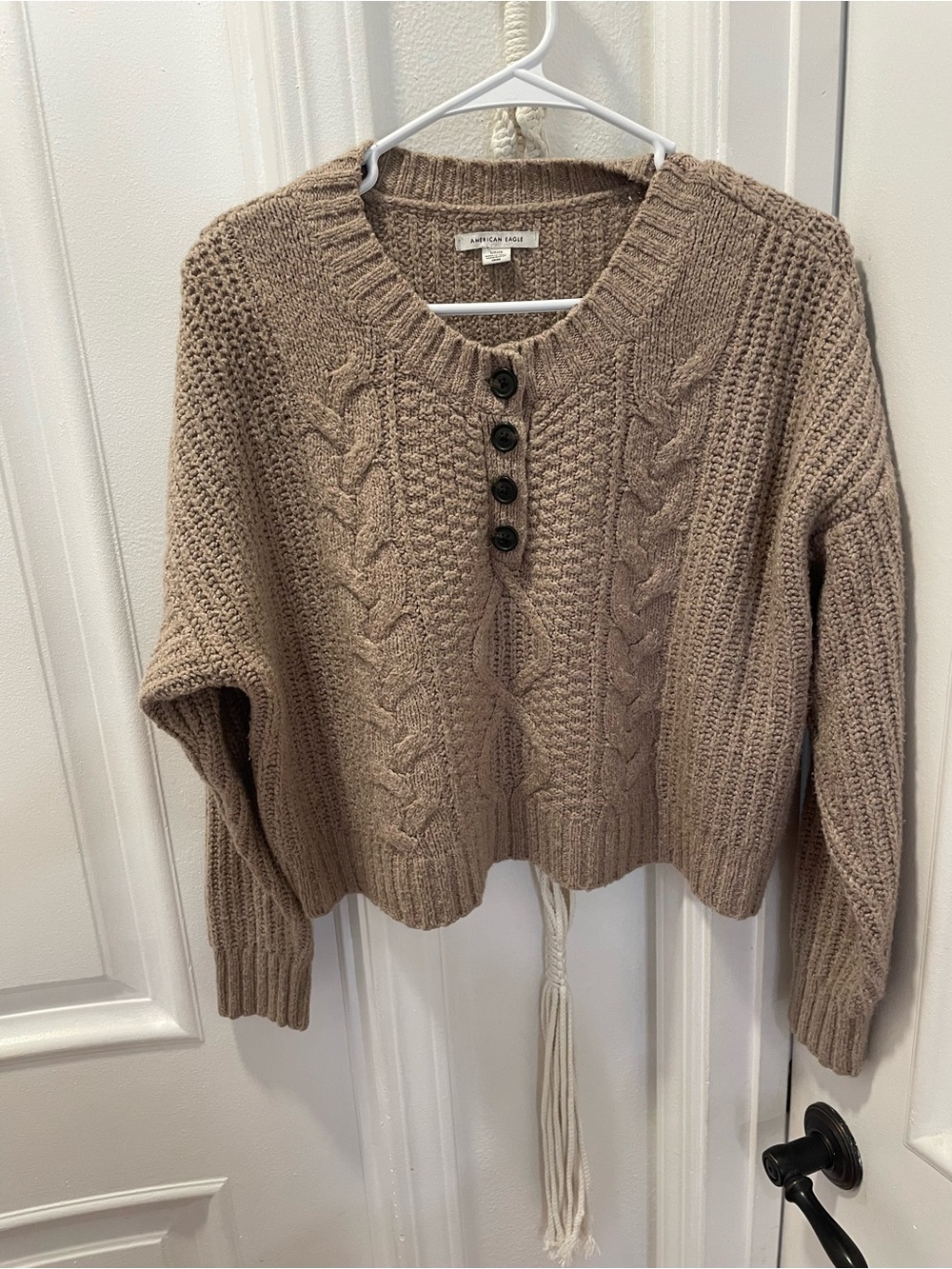 American Eagle Outfitters Taupe Cable Crewneck Sweater with Buttons
